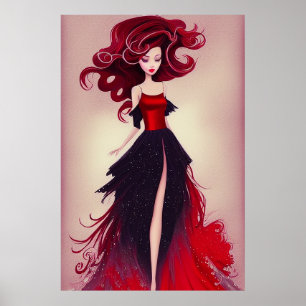 Beautiful Fashion Sketch of Woman with Red Hair Poster