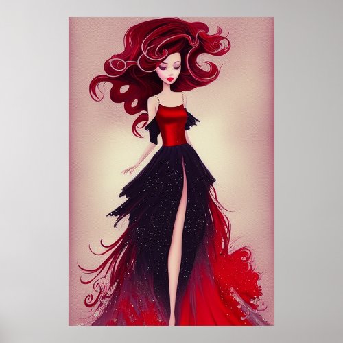 Beautiful Fashion Sketch of Woman with Red Hair  Poster
