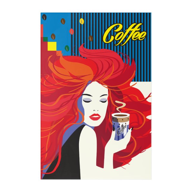 "Beautiful Fashion Woman and Coffee Cup" POP-ART Acrylic Print (Front)
