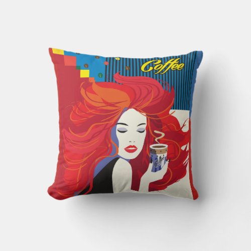 Beautiful Fashion Woman and Coffee Cup POP_ART Throw Pillow