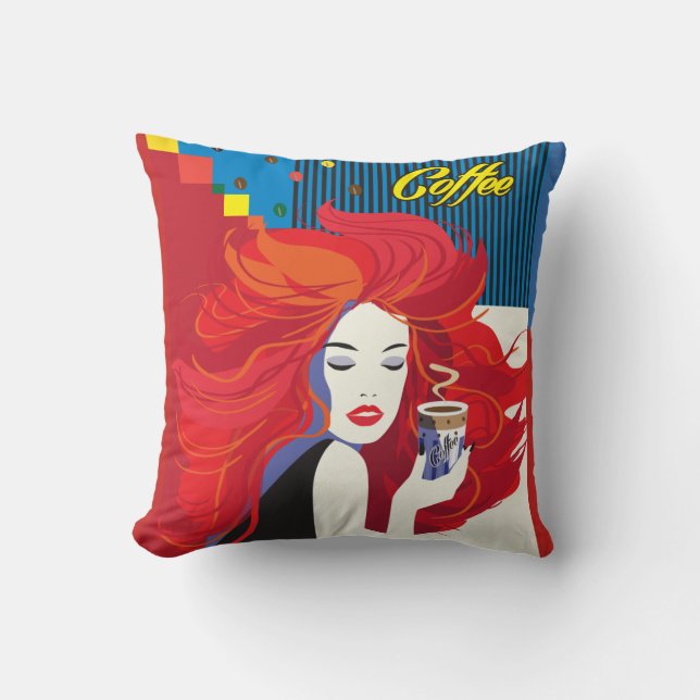 Beautiful Fashion Woman and Coffee Cup POP-ART Throw Pillow (Front)