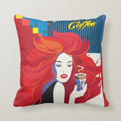 Beautiful Fashion Woman and Coffee Cup POP-ART Throw Pillow