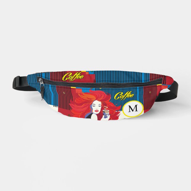 "Beautiful Fashion Woman with Coffee Cup" Monogram Fanny Pack (Front)