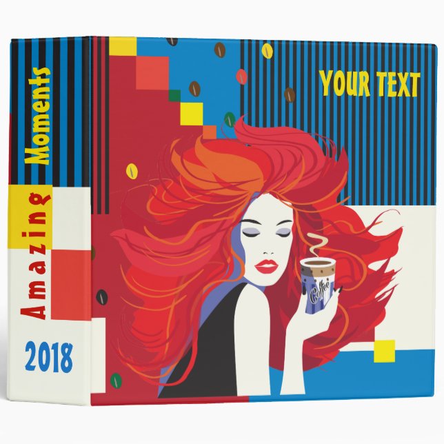 "Beautiful Fashion Woman with Coffee Cup" Pop Art 3 Ring Binder (Front/Spine)