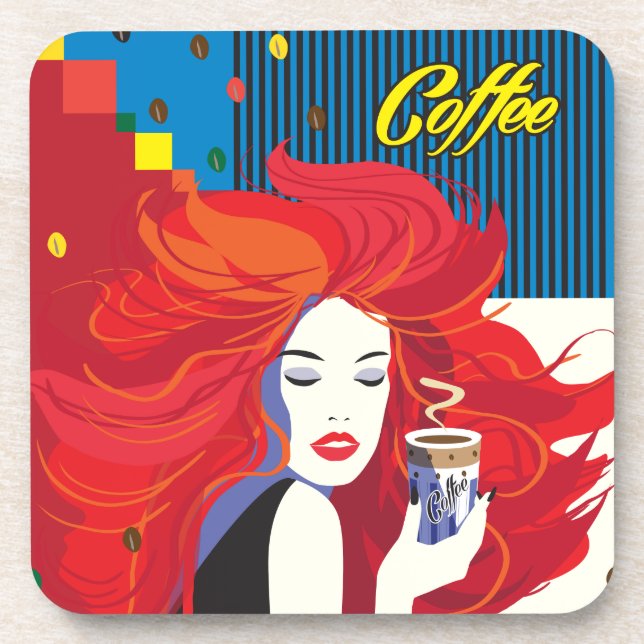 "Beautiful Fashion Woman with Coffee Cup" Pop Art Beverage Coaster (Front)