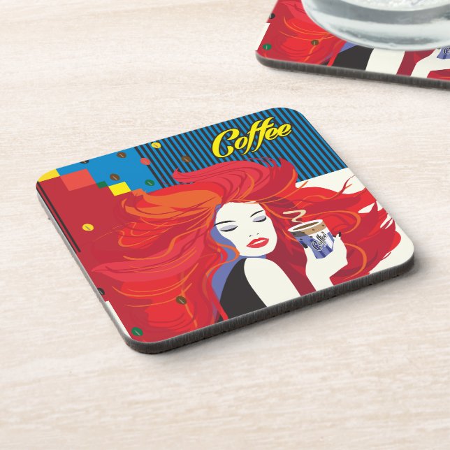 "Beautiful Fashion Woman with Coffee Cup" Pop Art Beverage Coaster (Left Side)