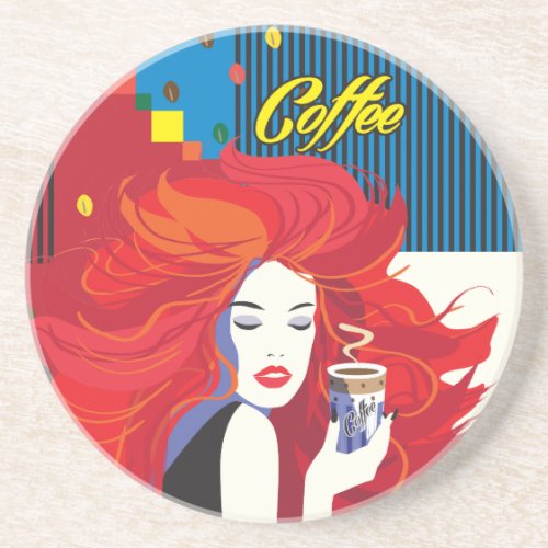 Beautiful Fashion Woman with Coffee Cup Pop Art Coaster