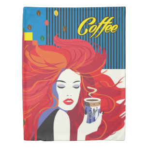 "Beautiful Fashion Woman with Coffee Cup" Pop Art Duvet Cover