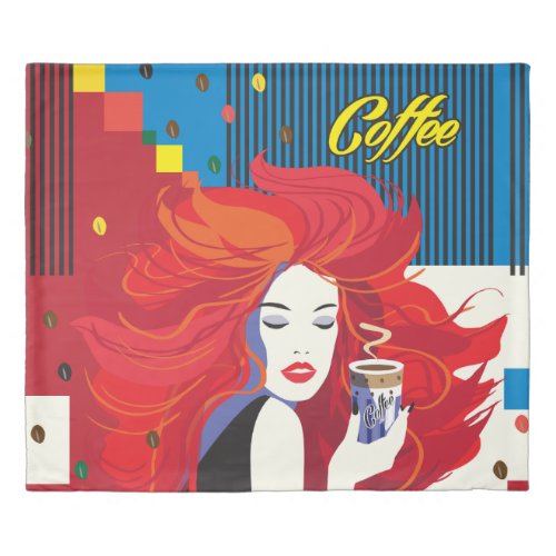 Beautiful Fashion Woman with Coffee Cup Pop Art Duvet Cover