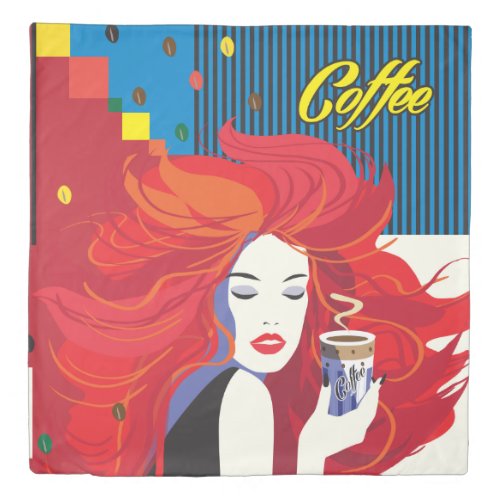 Beautiful Fashion Woman with Coffee Cup Pop Art Duvet Cover