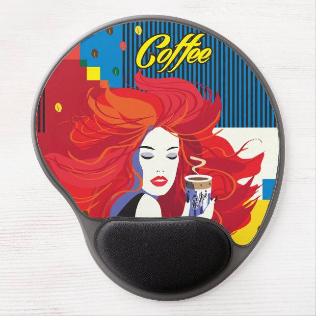 "Beautiful Fashion Woman with Coffee Cup" Pop Art Gel Mouse Pad (Front)
