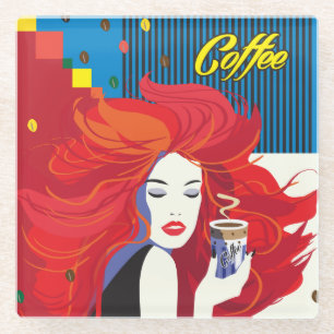 "Beautiful Fashion Woman with Coffee Cup" Pop Art Glass Coaster