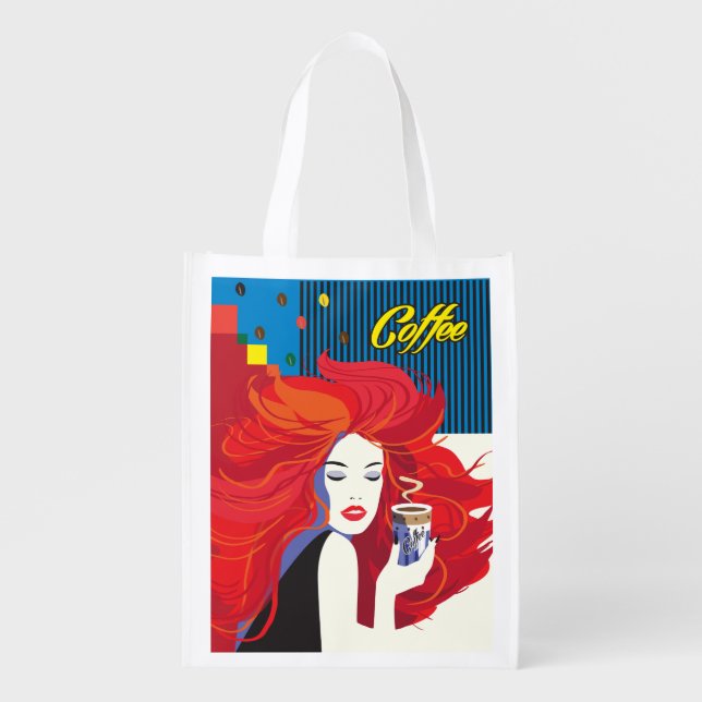 "Beautiful Fashion Woman with Coffee Cup" Pop Art Grocery Bag (Front)