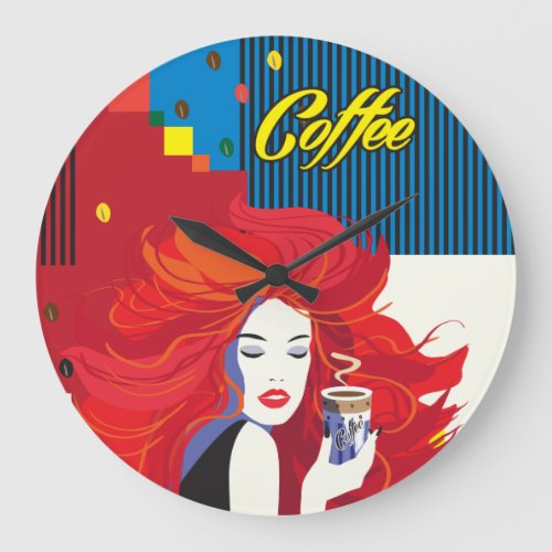 Beautiful Fashion Woman with Coffee Cup Pop Art Large Clock