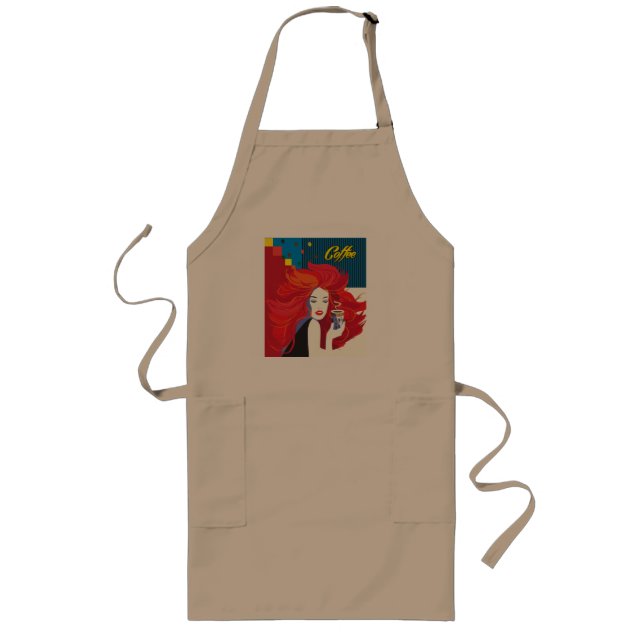 "Beautiful Fashion Woman with Coffee Cup" Pop Art Long Apron (Front)