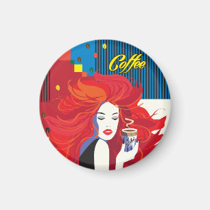 "Beautiful Fashion Woman with Coffee Cup" Pop Art Magnet