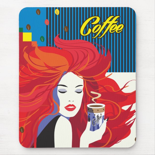 "Beautiful Fashion Woman with Coffee Cup" Pop Art Mouse Pad (Front)