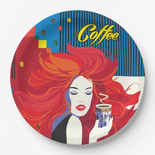 Beautiful Fashion Woman with Coffee Cup Pop Art Paper Plates
