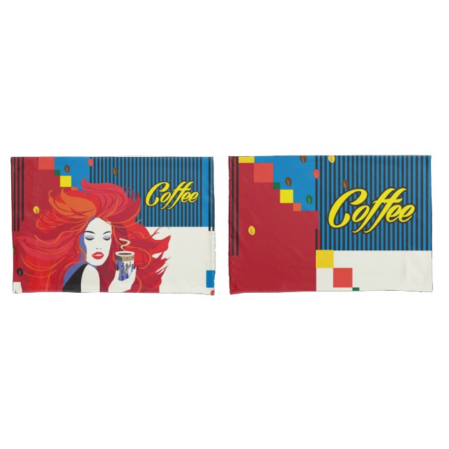 "Beautiful Fashion Woman with Coffee Cup" Pop Art Pillow Case (Front-Set)