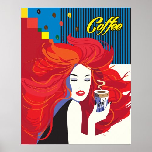 Beautiful Fashion Woman with Coffee Cup Pop Art Poster
