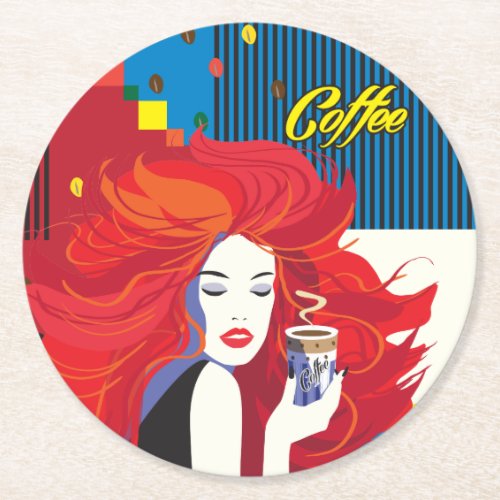 Beautiful Fashion Woman with Coffee Cup Pop Art Round Paper Coaster