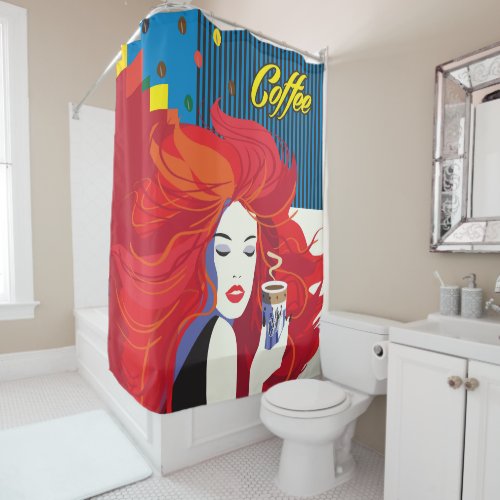 Beautiful Fashion Woman with Coffee Cup Pop Art Shower Curtain