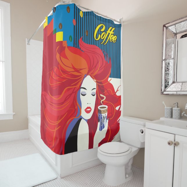 "Beautiful Fashion Woman with Coffee Cup" Pop Art Shower Curtain (In Situ)