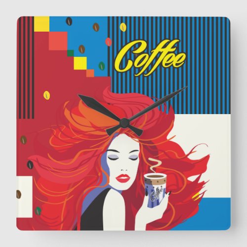 Beautiful Fashion Woman with Coffee Cup Pop Art Square Wall Clock