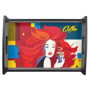 Beautiful Fashion Woman with Coffee Cup Serving Tray