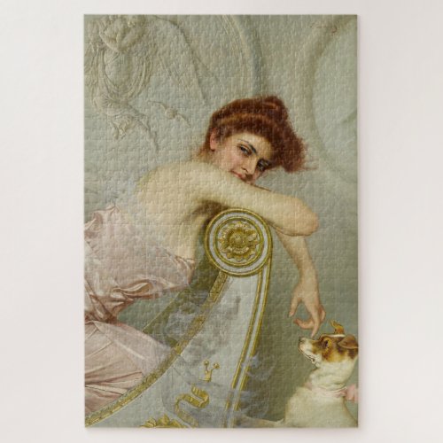 Beautiful Fashionable Lady Teasing Her Puppy Dog Jigsaw Puzzle