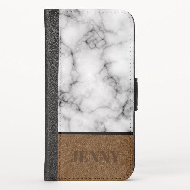 Beautiful Faux Marble and Leather design With Name iPhone Wallet Case (Front)
