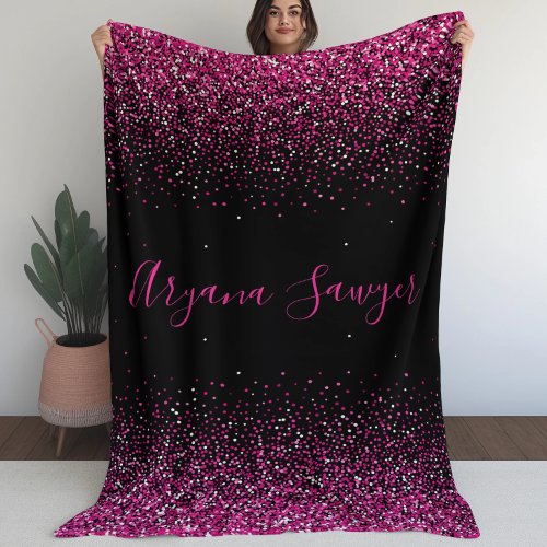 Beautiful Faux Pink Glitters on Black Background Fleece Blanket