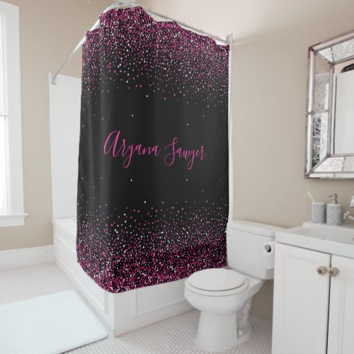 Beautiful Faux Pink Glitters on Black Background Shower Curtain