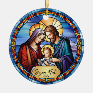 Beautiful Faux Stained Glass Joyeux Noel Jesus Ceramic Ornament
