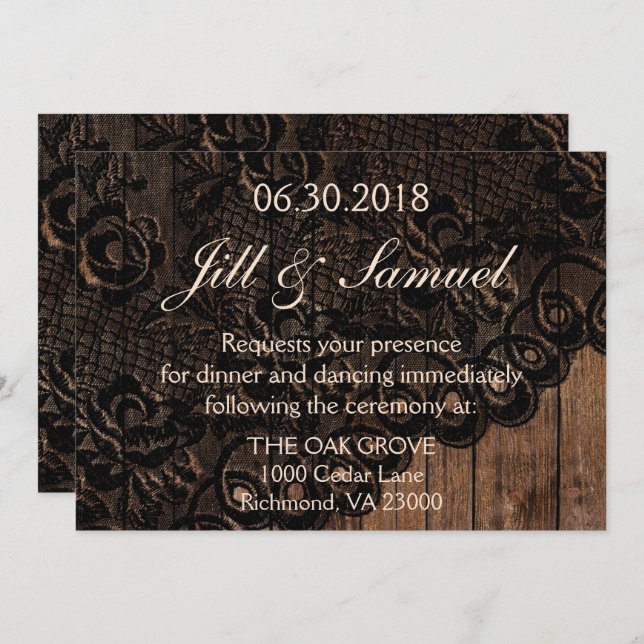 Beautiful Faux Wood and Lace Wedding Reception Invitation (Front/Back)
