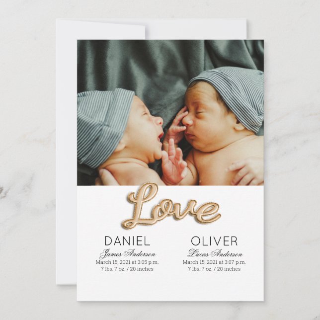 Beautiful Feather Birth Announcement Twins (Front)