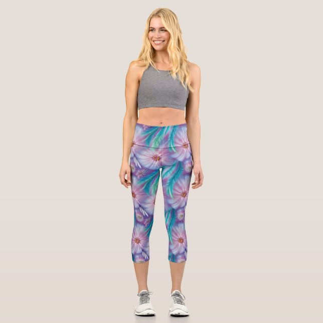 Beautiful Feathers and Flowers Pattern Capri Leggings (Front)