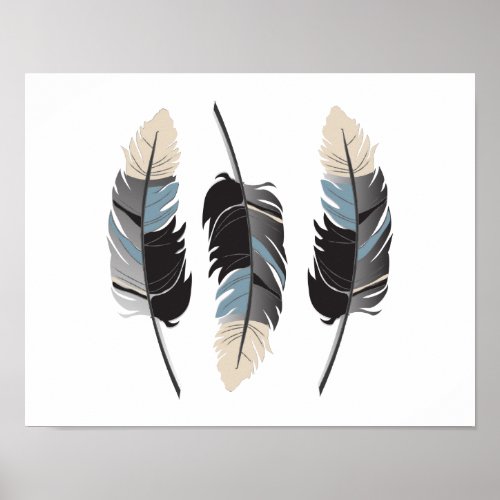 Beautiful Feathers in Cream Blue Gray and Black Poster