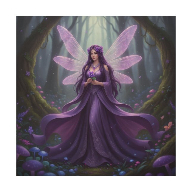 Beautiful February Amethyst Fairy Wood Wall Art (Front)