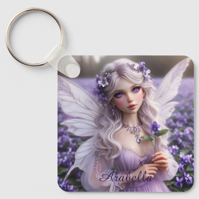 Beautiful February Fairy in Violets Keychain (Front)