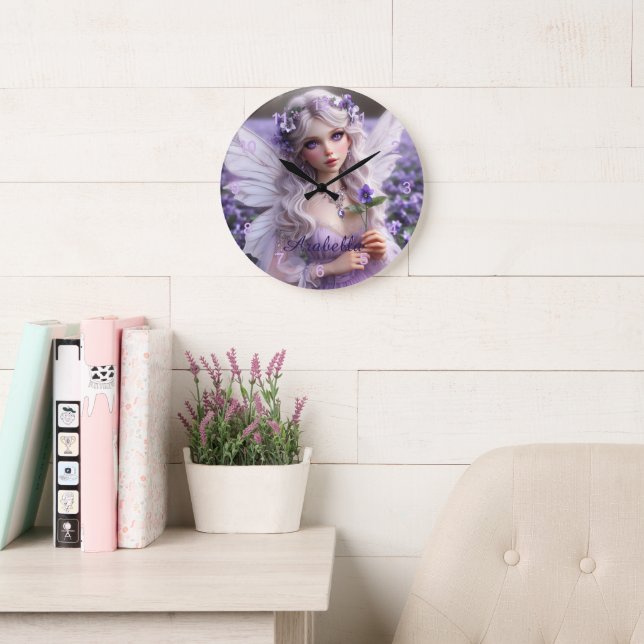 Beautiful February Fairy in Violets Large Clock (Reading Room)