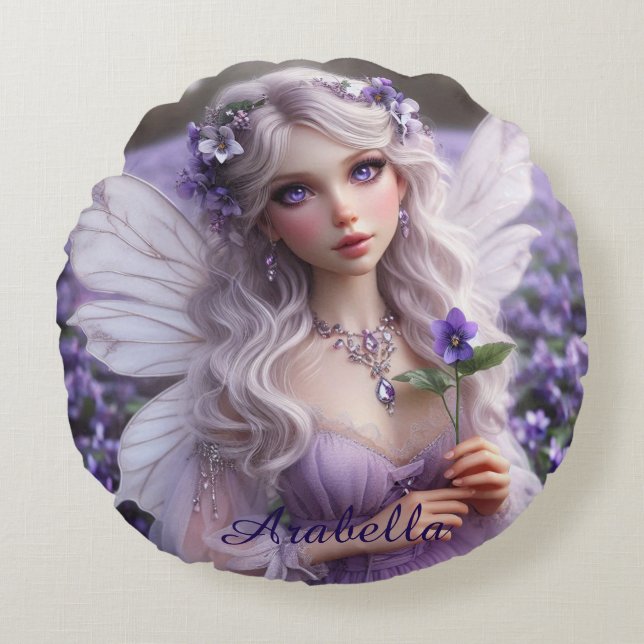 Beautiful February Fairy in Violets Round Pillow (Front)