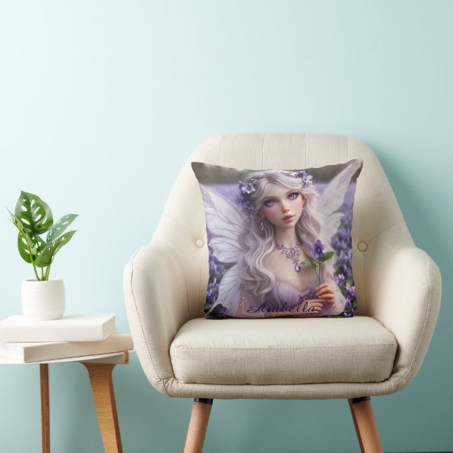 Beautiful February Fairy in Violets Throw Pillow (Chair)