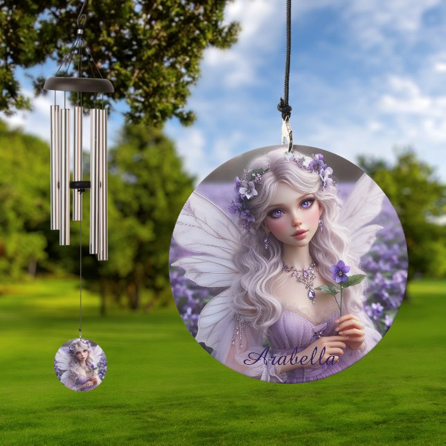 Beautiful February Fairy in Violets Wind Chime (Outdoor)