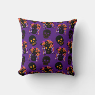 Beautiful Felt Look Day of the Dead Skulls Ribbons Throw Pillow