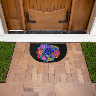 Beautiful Felt Look Sugar Skull with Flowers Doormat