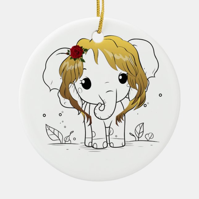 Beautiful female baby elephant with yellow hair  ceramic ornament (Front)