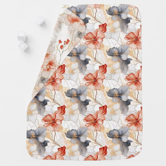Beautiful Feminine Peach Blue and White Floral Baby Blanket (In Situ)
