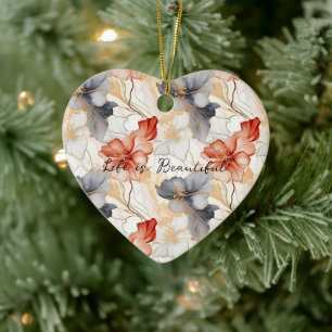 Beautiful Feminine Peach Blue and White Floral Ceramic Ornament