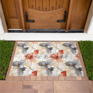 Beautiful Feminine Peach Blue and White Floral Doormat